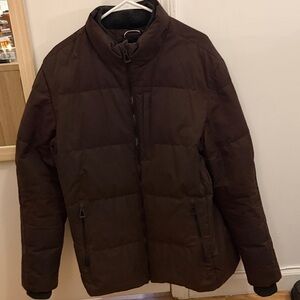 Aether Men's Brown Waxed Puffer Jacket with sweater neck and sweater cuffs